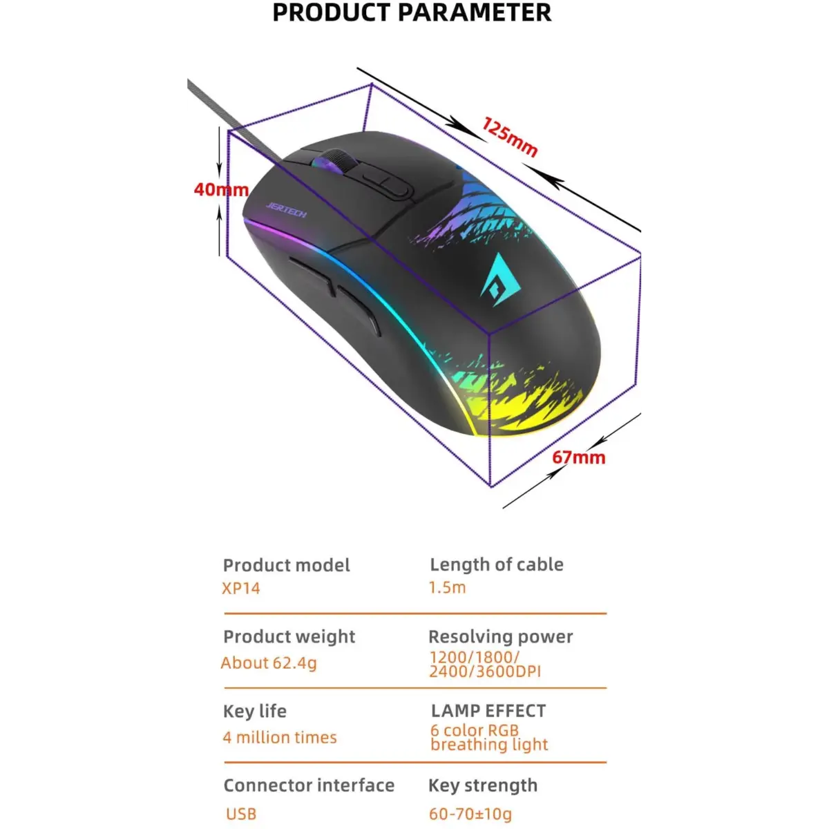 Jertech SHOOTER XP14 RGB Gaming Mouse - Optical Sensor 3600 DPI - 1000 Hz Polling Rate - Braided Cable