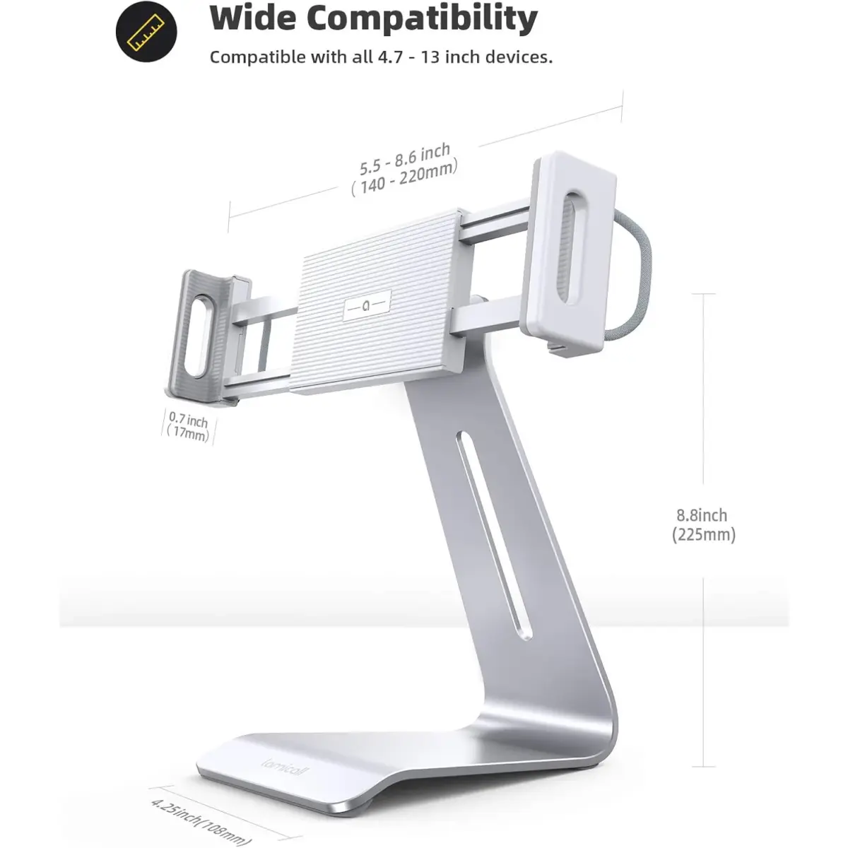 Lamicall Tablet Stand, Adjustable Tablet Holder - Universal 360 Rotation Holder, Stand for Phone, and Tablet with 4.7-13 Inch (Silver)
