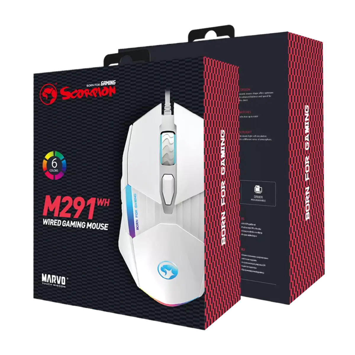 MARVO M291WH Gaming Mouse - Optical Sensor 6,400 - 6 PROGRAMMABLE BUTTONS With Software (White)