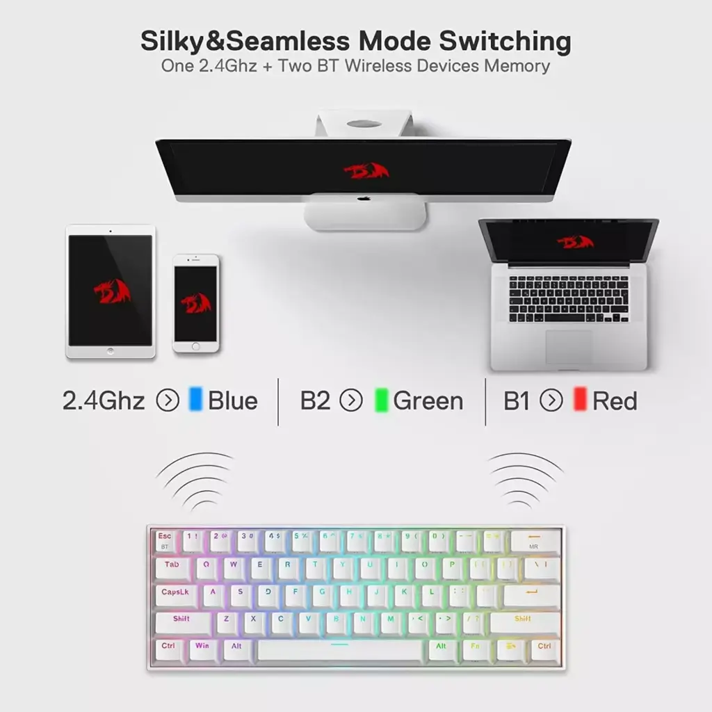 REDRAGON K530W Draconic PRO RGB 60% Gaming Wireless,Bluetooth & Wired Mechanical Keyboard - Brown Switches - White