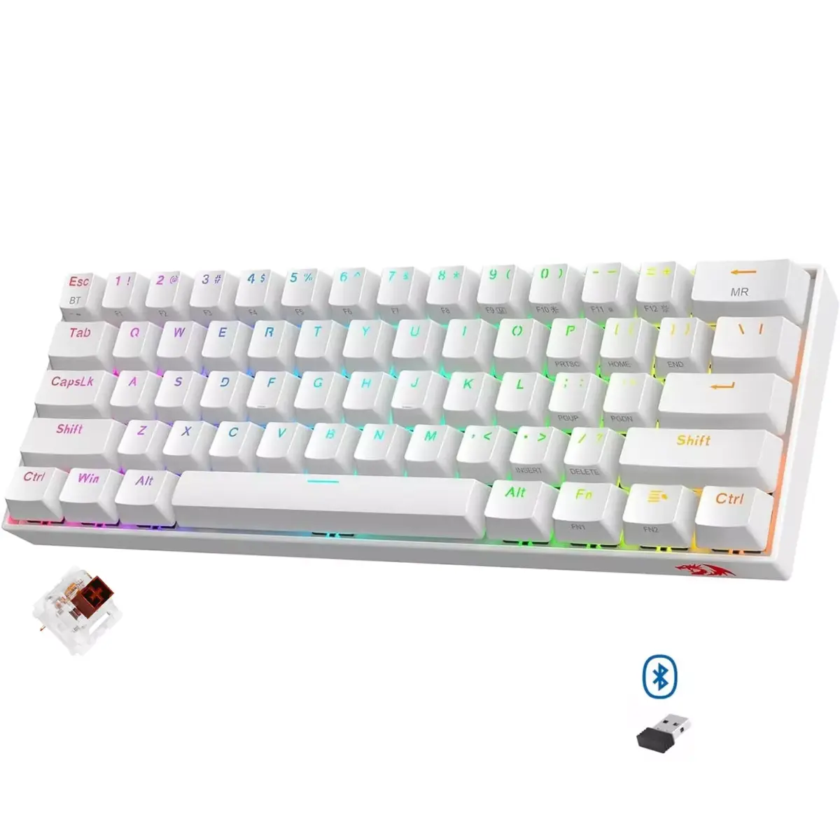 REDRAGON K530W Draconic PRO RGB 60% Gaming Wireless,Bluetooth & Wired Mechanical Keyboard - Brown Switches - White