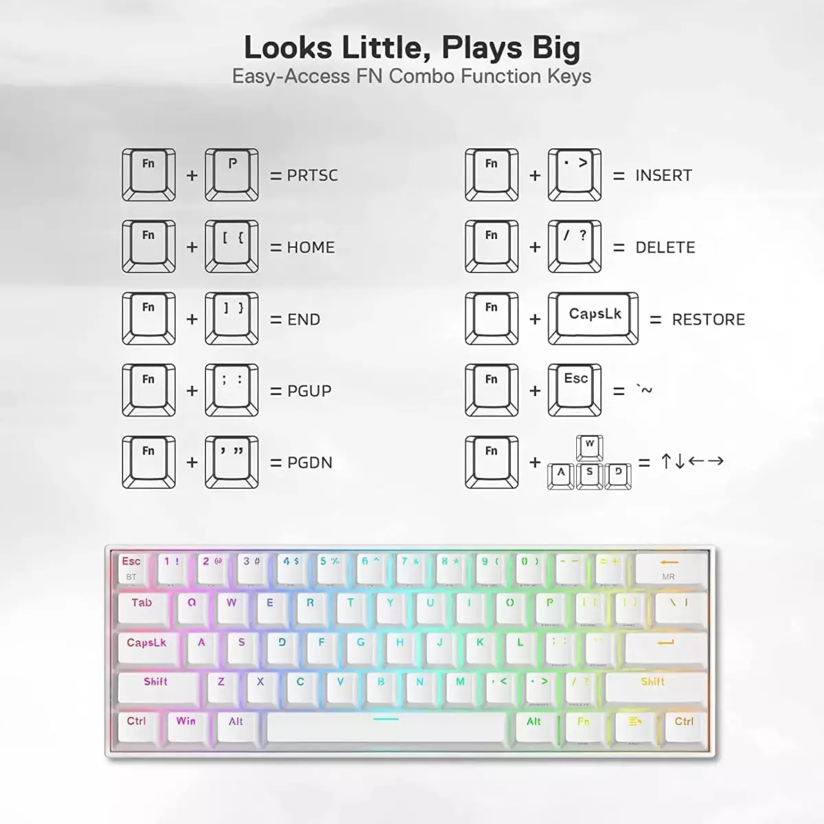 REDRAGON K530W Draconic PRO RGB 60% Gaming Wireless,Bluetooth & Wired Mechanical Keyboard - Brown Switches - White