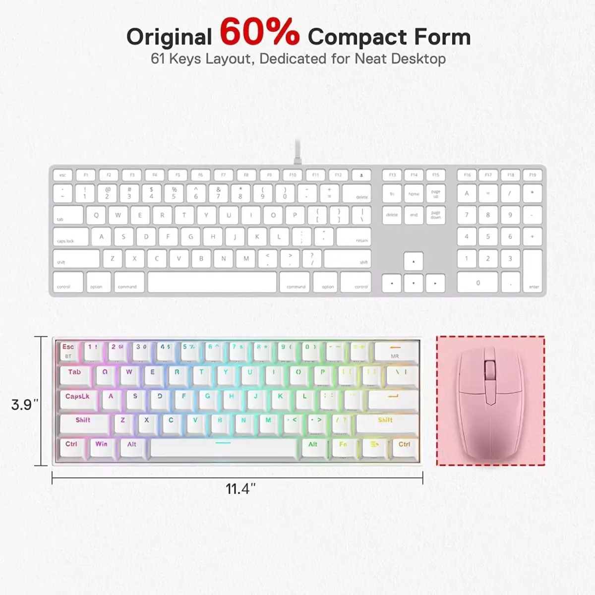 REDRAGON K530W Draconic PRO RGB 60% Gaming Wireless,Bluetooth & Wired Mechanical Keyboard - Brown Switches - White