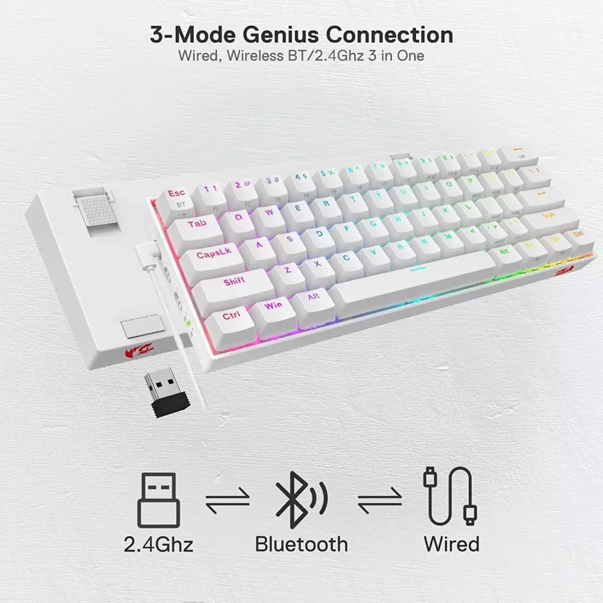 REDRAGON K530W Draconic PRO RGB 60% Gaming Wireless,Bluetooth & Wired Mechanical Keyboard - Brown Switches - White
