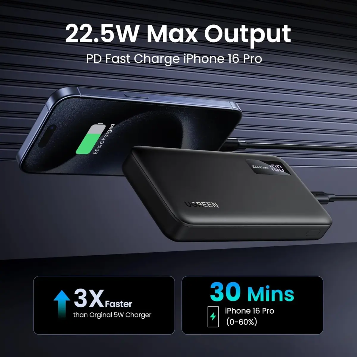 UGREEN 22.5W 10000mAh Power Bank Slim USB C Battery Pack PD3.0 Compact and Light Portable Charger Fast Charging Powerbank Digital Display for iPhone 16 Pro Max, iPad, AirPods, Galaxy S25 Ultra, Pixel