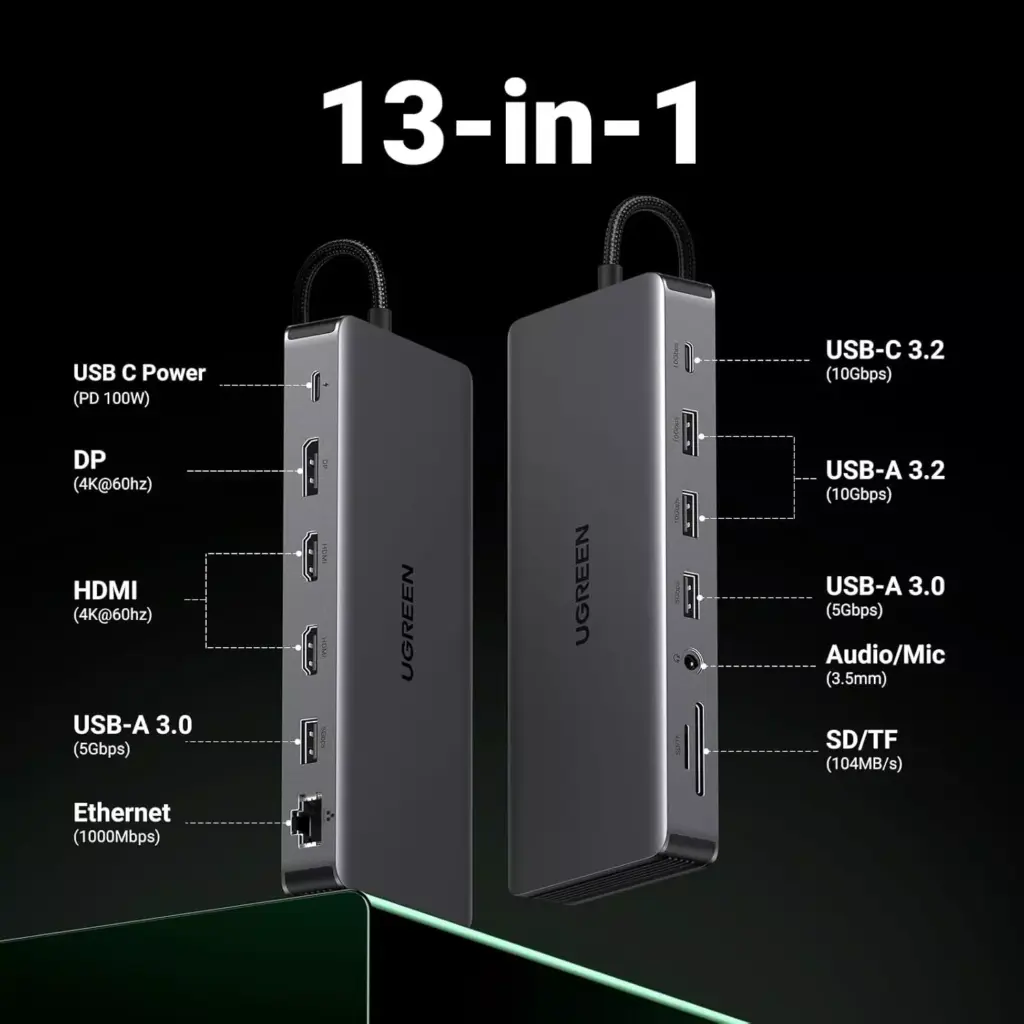 UGREEN Revodok Pro 313 Laptop Docking Station 13 in 1 4K Triple Display USB C Dock Dual HDMI, DP, 10Gbps Data Port 100W PD Gigabit Ethernet, SDTF Card Reader