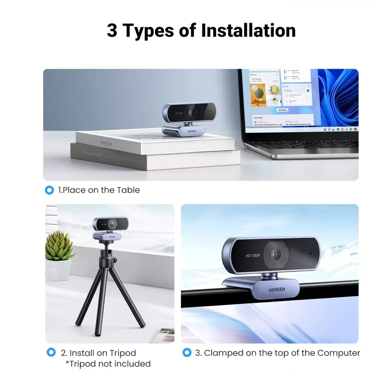 UGREEN Webcam Full HD 1080P 30FPS Fixed Focus Two Micro 360 Degree Rotation