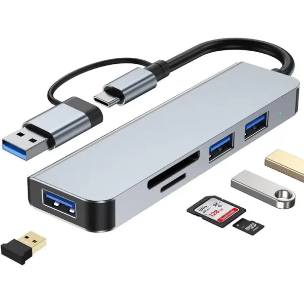 USB C HUB 5 in 1 Aluminum with 1 SD Memory Port, 1 microSD Card Reader,1 USB 3.0 Ports, 2 USB 2.0 Port