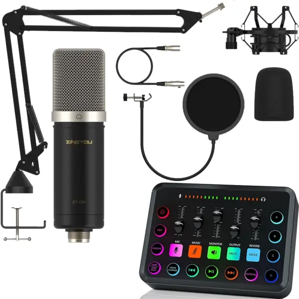 ZINGYOU ZY-CA1 XLR Condenser Cardioid Microphone + F11 Gaming Audio Mixer Interface, 48V Phantom Power, Voice Change