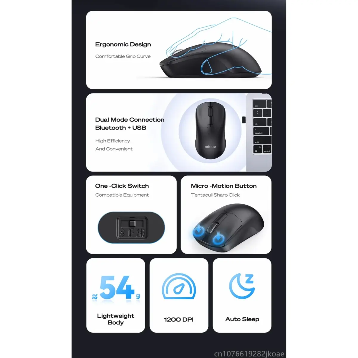mblue M205 Dual Mode Wireless 2.4Ghz , Bluetooth 5.1 Mouse - 1200 DPI - Lightweight 54 Grams (Black)
