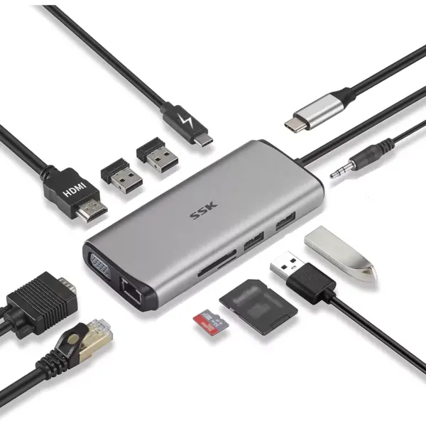 SSK 11 in 1 Laptop Docking Station with Dual Monitors, USB C Dock MacBook Pro HDMI Multiport Adapter Hub with Ethernet,VGA,PD3.0 Powered,4USB,SD/TF CR for MacBook Air(Thunderbolt 3) Type C Devices
