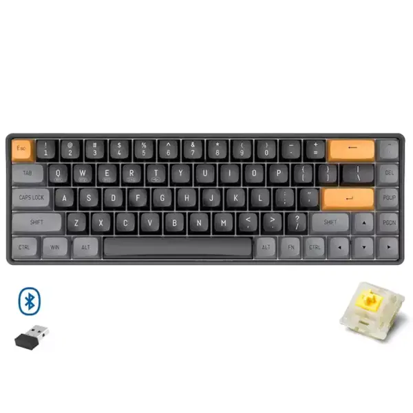 AIGO A68 3 Mode Wireless, Bluetooth, Wired Gaming Mechancial Keyboard - Yellow Switch Hot Swappable - 1000Hz Polling rate - PBT keycaps - Detchable USB C Cable