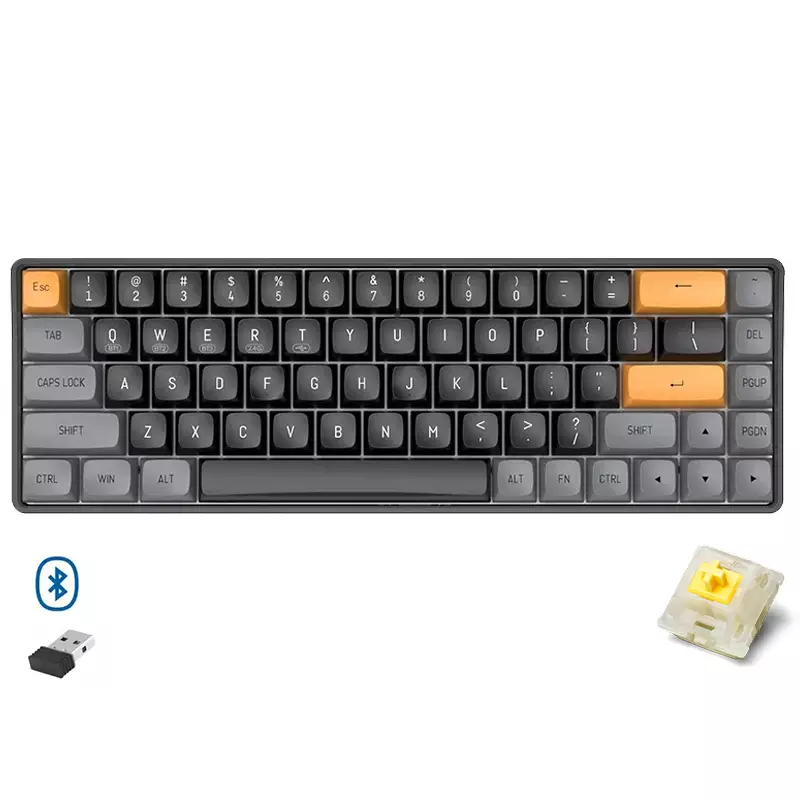 AIGO A68 3 Mode Wireless, Bluetooth, Wired Gaming Mechancial Keyboard - Yellow Switch Hot Swappable - 1000Hz Polling rate - PBT keycaps - Detchable USB C Cable