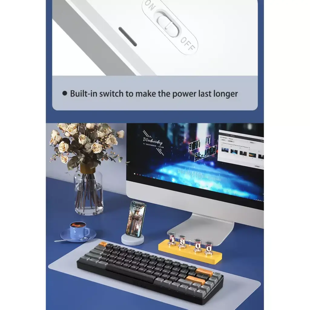 AIGO A68 3 Mode Wireless, Bluetooth, Wired Gaming Mechancial Keyboard - Yellow Switch Hot Swappable - 1000Hz Polling rate - PBT keycaps - Detchable USB C Cable