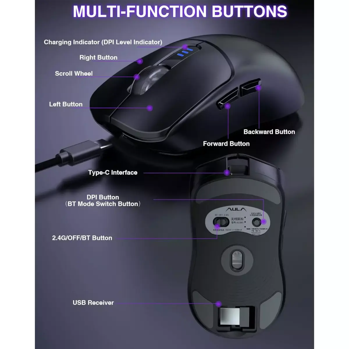 AULA SC580 3 Mode Wireless,Bluetooth & Wired Gaming Mouse - Optical Sensor 10,000 DPI - 1000 Hz Pooling Rate - 70 Hour Battery (Black)