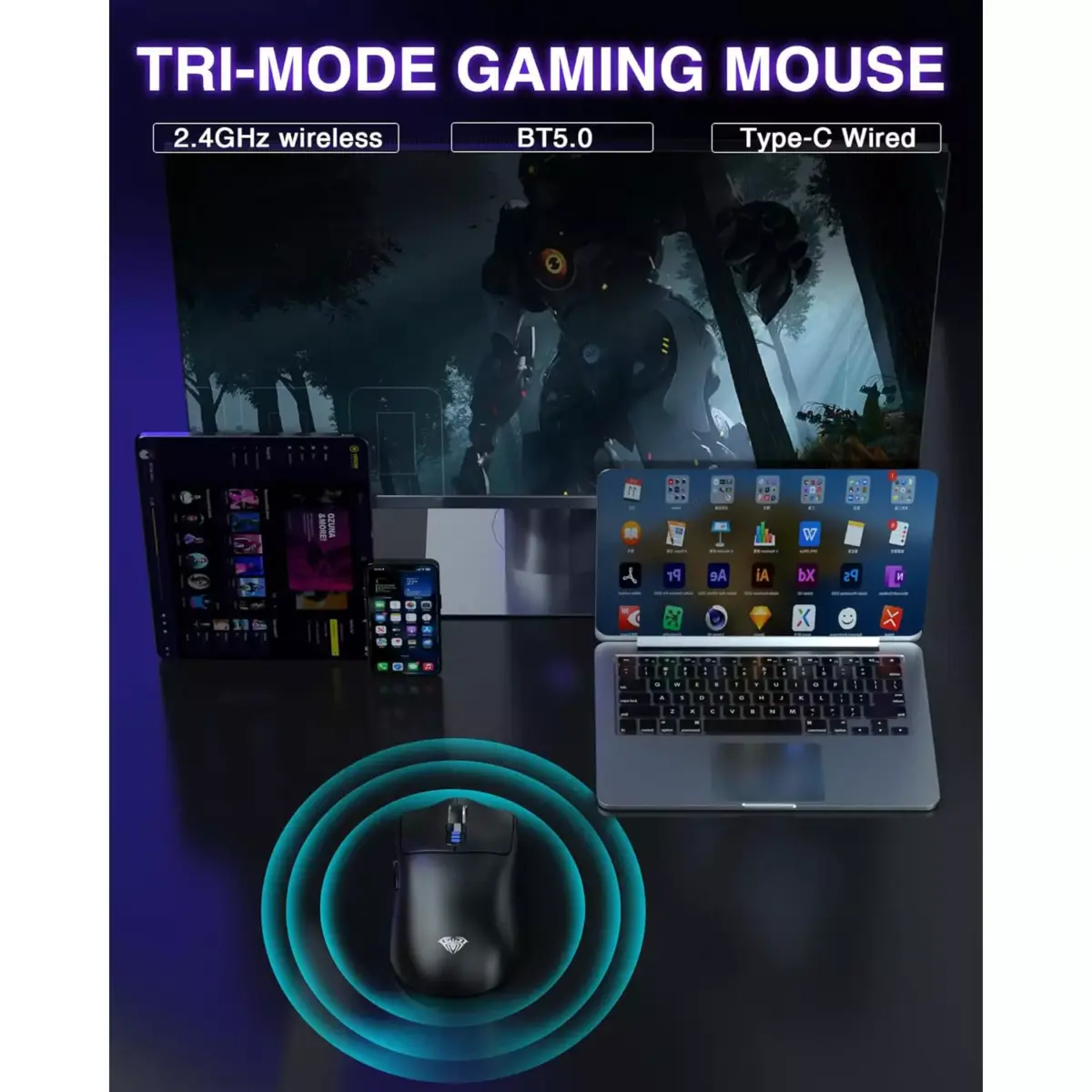 AULA SC580 3 Mode Wireless,Bluetooth & Wired Gaming Mouse - Optical Sensor 10,000 DPI - 1000 Hz Pooling Rate - 70 Hour Battery (Black)