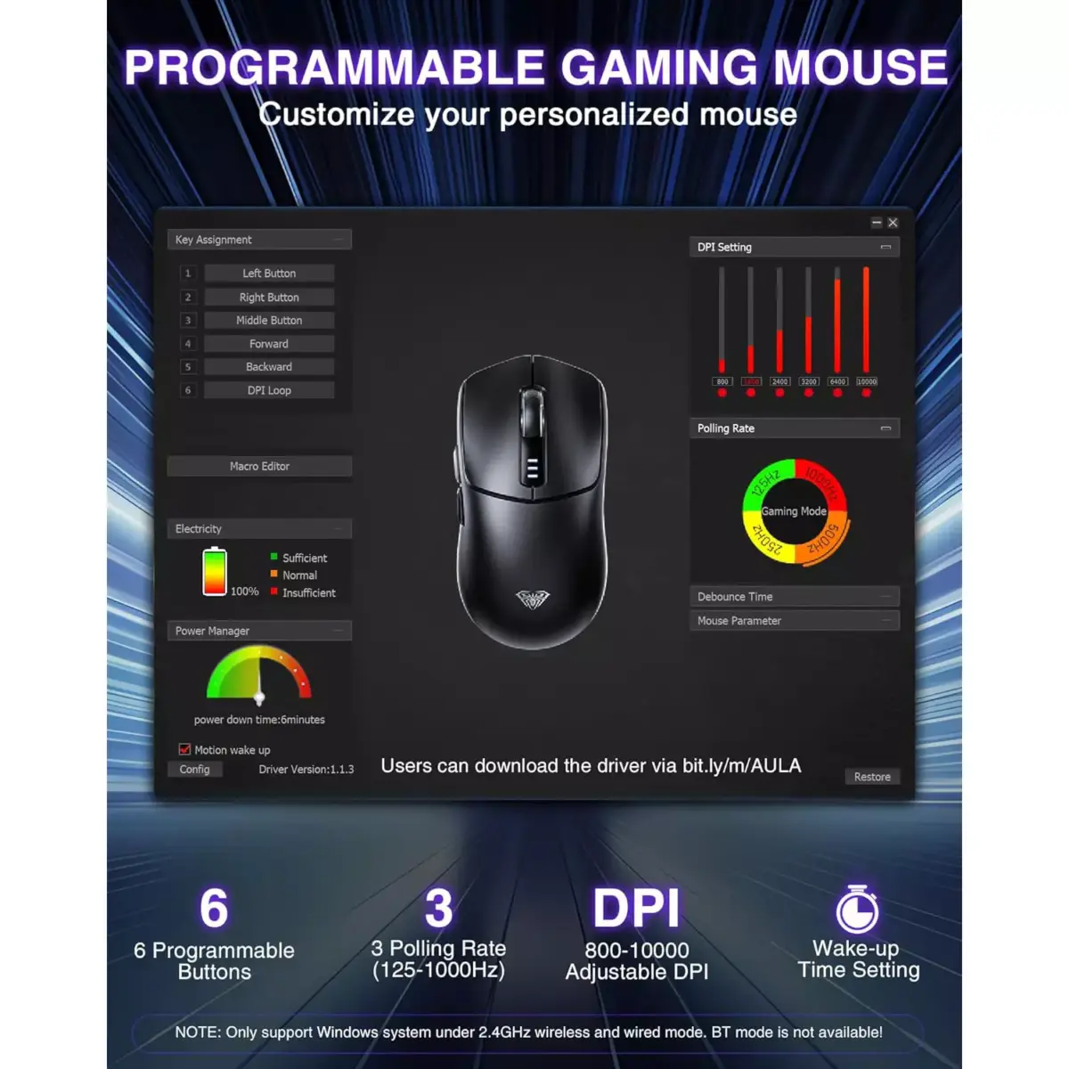 AULA SC580 3 Mode Wireless,Bluetooth & Wired Gaming Mouse - Optical Sensor 10,000 DPI - 1000 Hz Pooling Rate - 70 Hour Battery (Black)