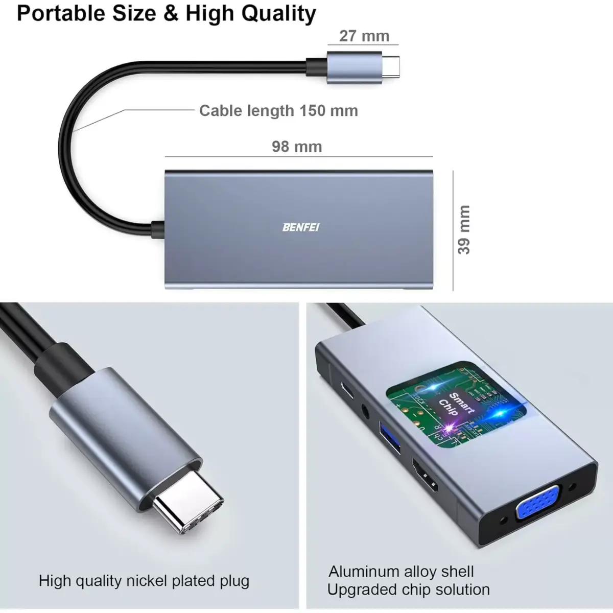 BENFEI 5-in-1 USB C HUB with 4K HDMI VGA, USB 3.0, 3.5mm Audio and 60W PD, Compatible with MacBook Pro 2021/2020/2019, Surface Book 2, Dell XPS 13/15, Pixelbook and More