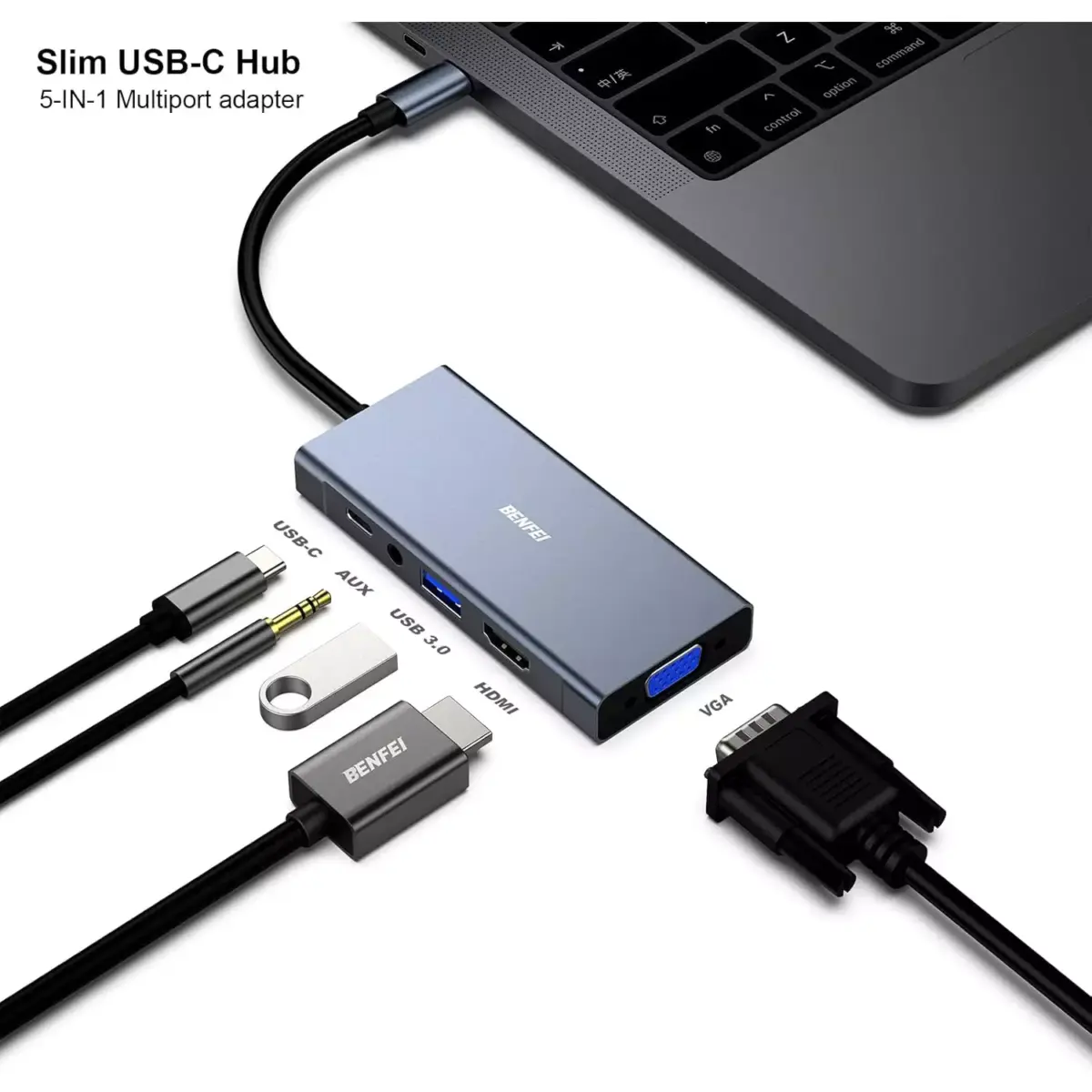 BENFEI 5-in-1 USB C HUB with 4K HDMI VGA, USB 3.0, 3.5mm Audio and 60W PD, Compatible with MacBook Pro 2021/2020/2019, Surface Book 2, Dell XPS 13/15, Pixelbook and More