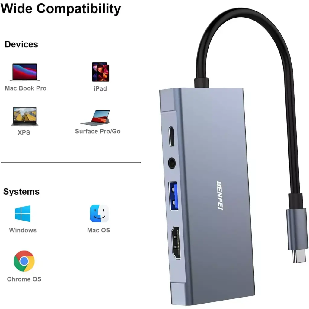 BENFEI 5-in-1 USB C HUB with 4K HDMI VGA, USB 3.0, 3.5mm Audio and 60W PD, Compatible with MacBook Pro 2021/2020/2019, Surface Book 2, Dell XPS 13/15, Pixelbook and More