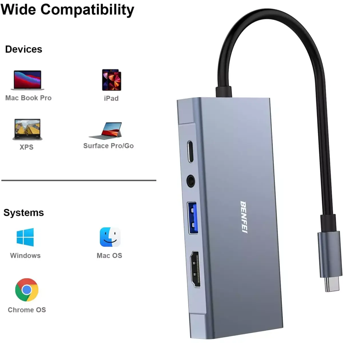 BENFEI 5-in-1 USB C HUB with 4K HDMI VGA, USB 3.0, 3.5mm Audio and 60W PD, Compatible with MacBook Pro 2021/2020/2019, Surface Book 2, Dell XPS 13/15, Pixelbook and More