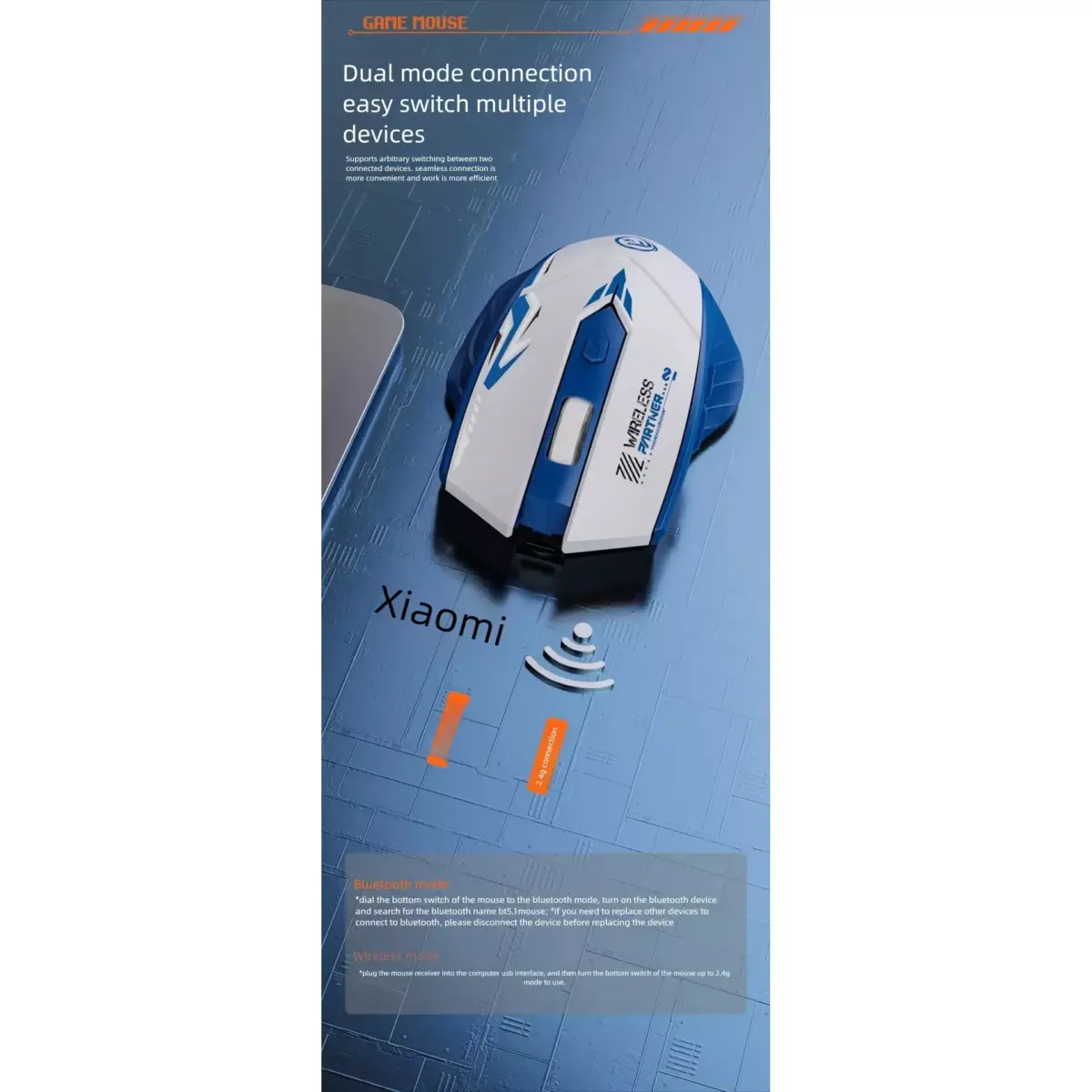 Dual Mode Wireless, Bluetooth Rechargeable Gaming Mouse - Optical Sensor 1600 DPI (Black)