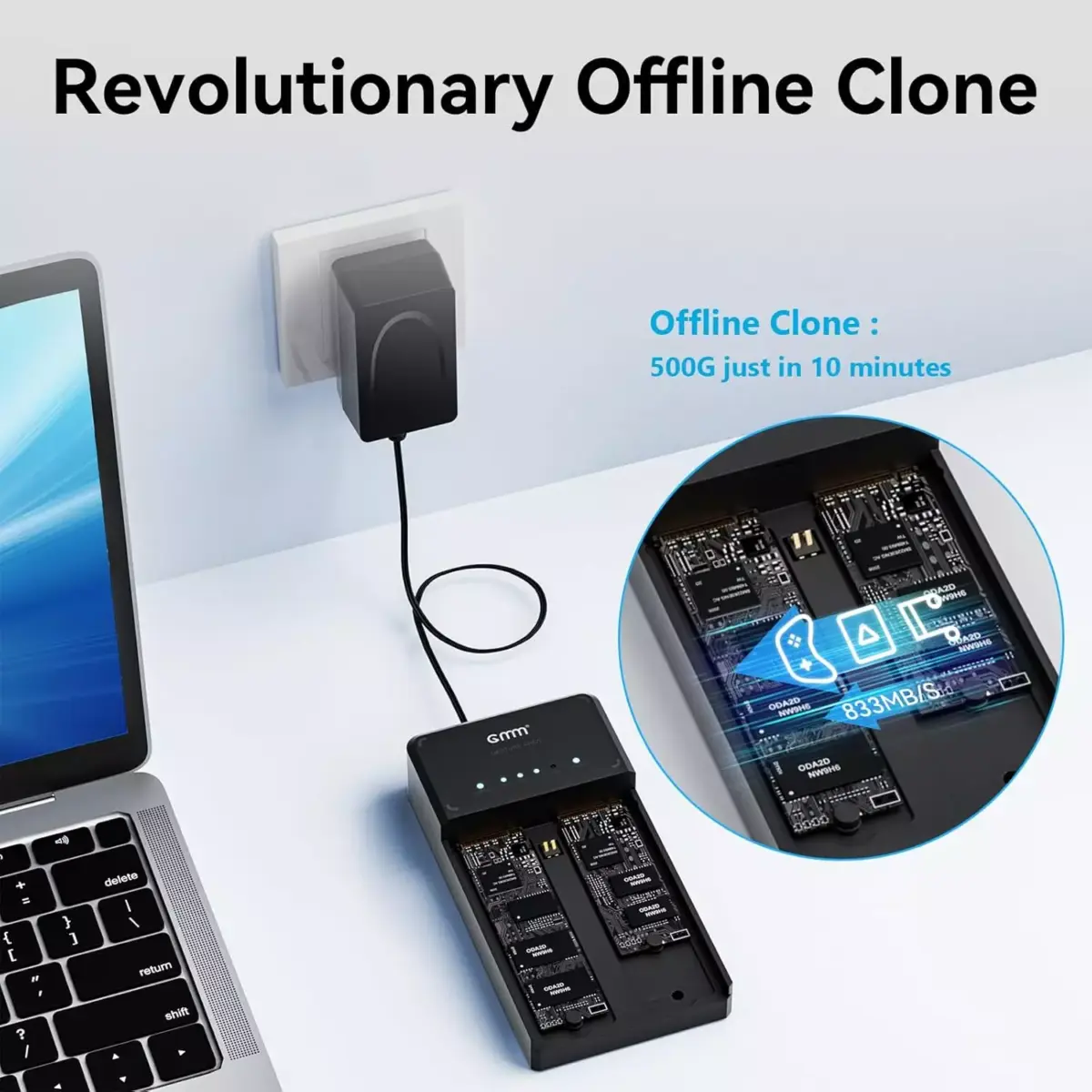 GMM NVMe M.2 Duplicator Dual-Bay Offline Clone NVMe Enclosure, Tool-Free USB to NVME Adapter with Cooling Fan,10Gbps Docking Station for M2 2230/2242/2260/2280