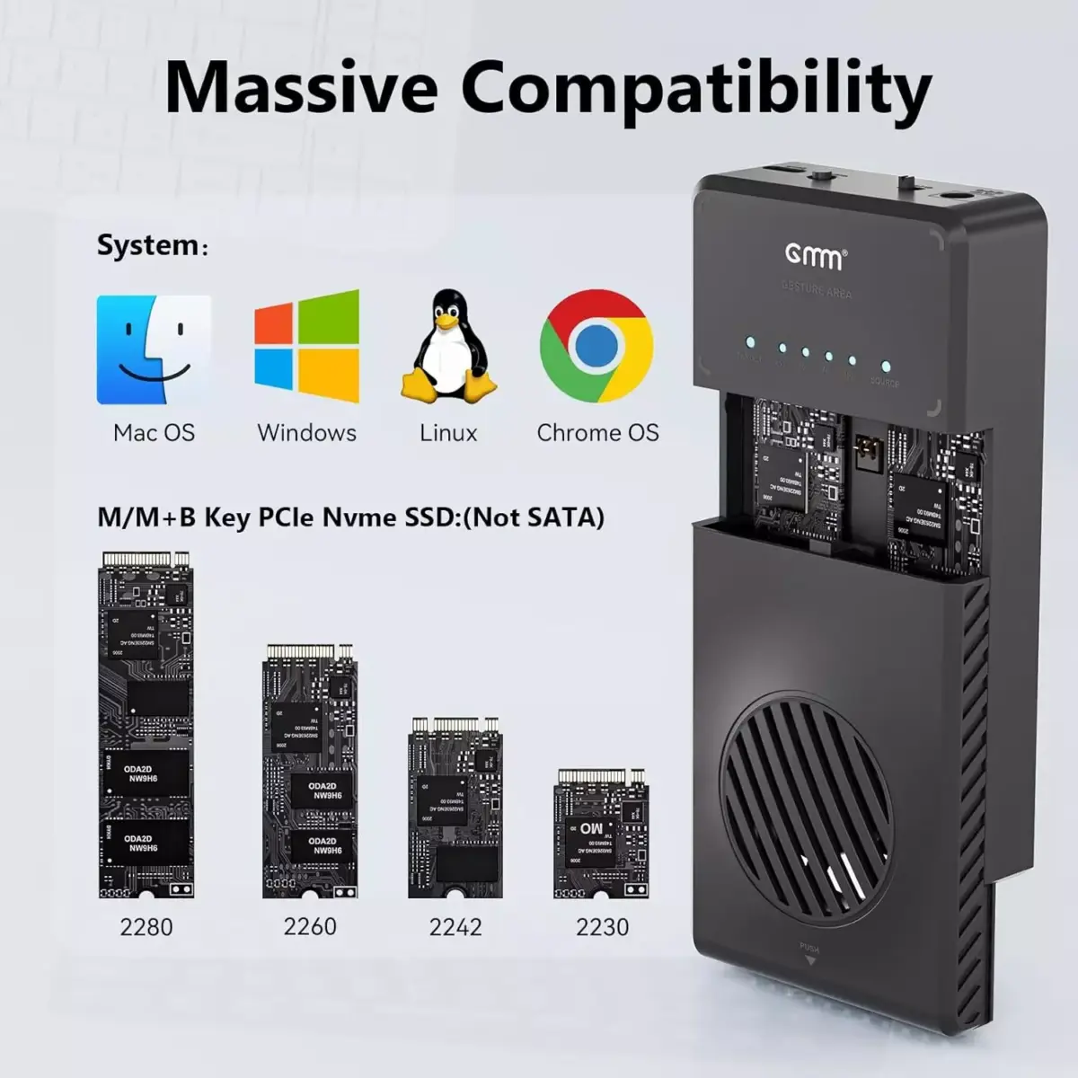 GMM NVMe M.2 Duplicator Dual-Bay Offline Clone NVMe Enclosure, Tool-Free USB to NVME Adapter with Cooling Fan,10Gbps Docking Station for M2 2230/2242/2260/2280