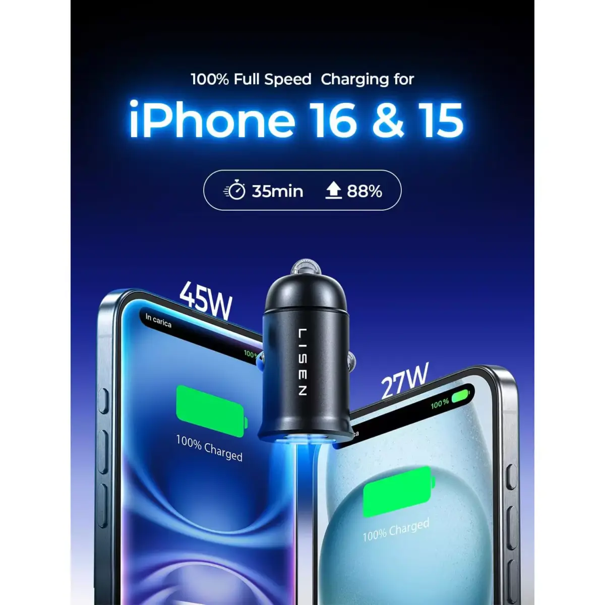 LISEN Car Charger Fast Charging [80W+18W GaN] [Mini Metal] for iPhone 16 Pro Max MacBook Air iPad2024 Samsung Galaxy S24 S23
