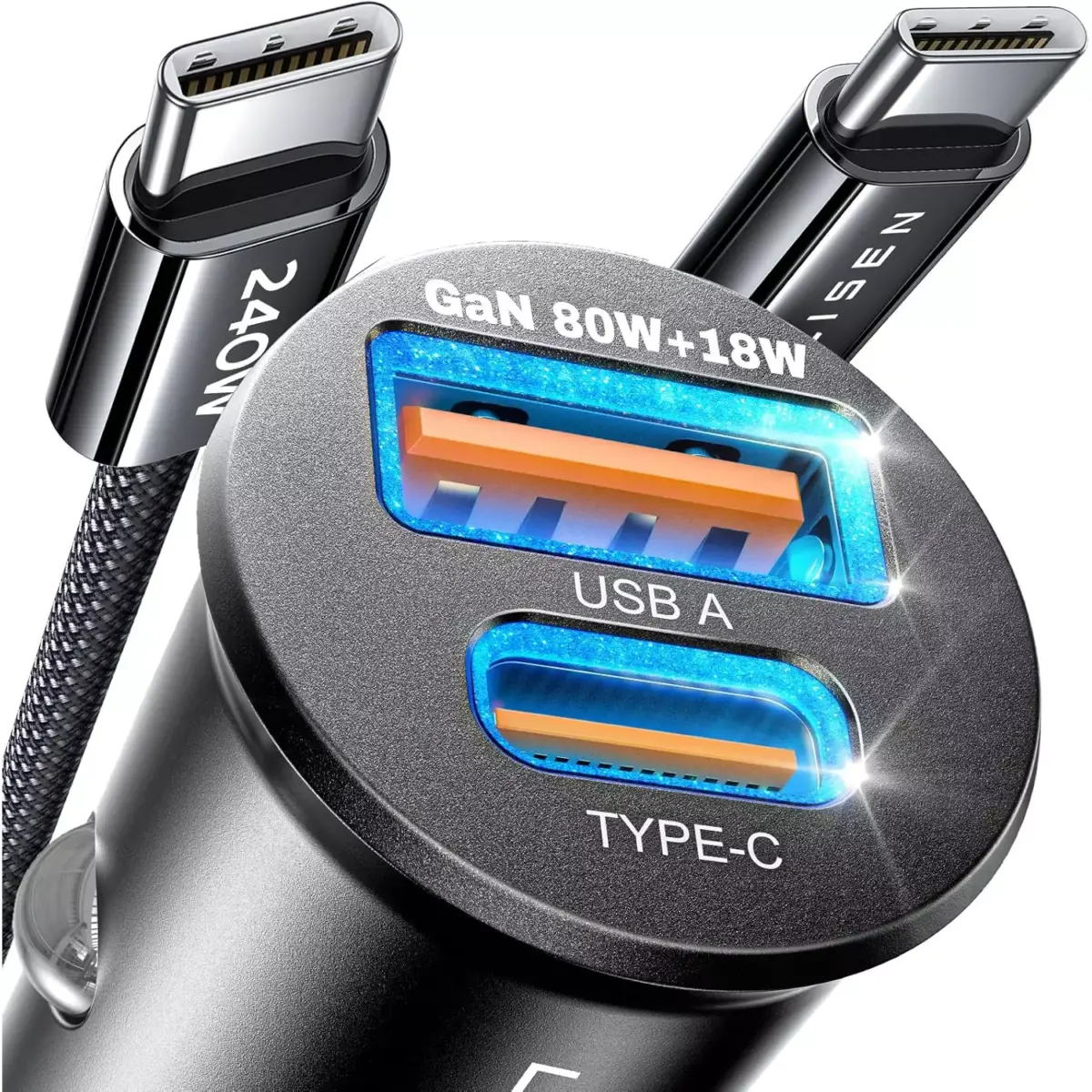 LISEN Car Charger Fast Charging [80W+18W GaN] [Mini Metal] for iPhone 16 Pro Max MacBook Air iPad2024 Samsung Galaxy S24 S23