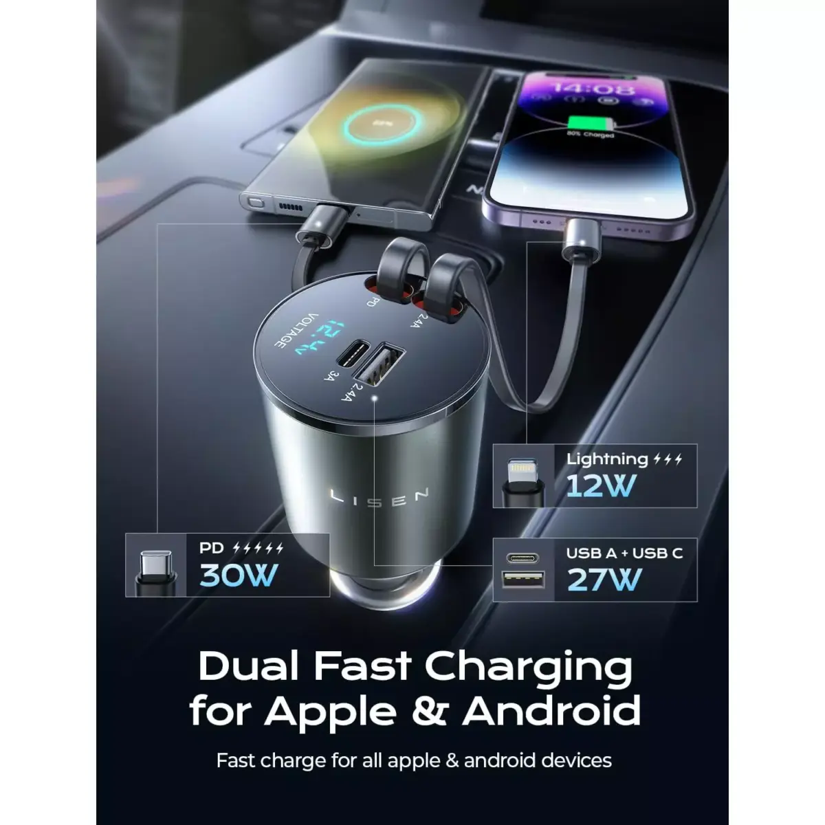 LISEN Retractable Car Charger [69W USB C Car Adapter] Fast Charging, for iPhone 16 15 14 13 12 Pro Max Plus iPad Samsung S25 24