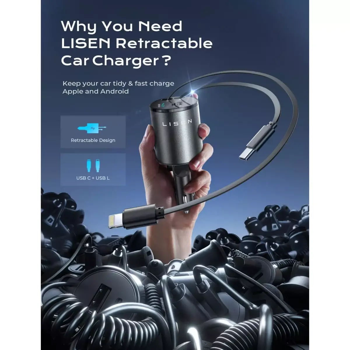 LISEN Retractable Car Charger [69W USB C Car Adapter] Fast Charging, for iPhone 16 15 14 13 12 Pro Max Plus iPad Samsung S25 24