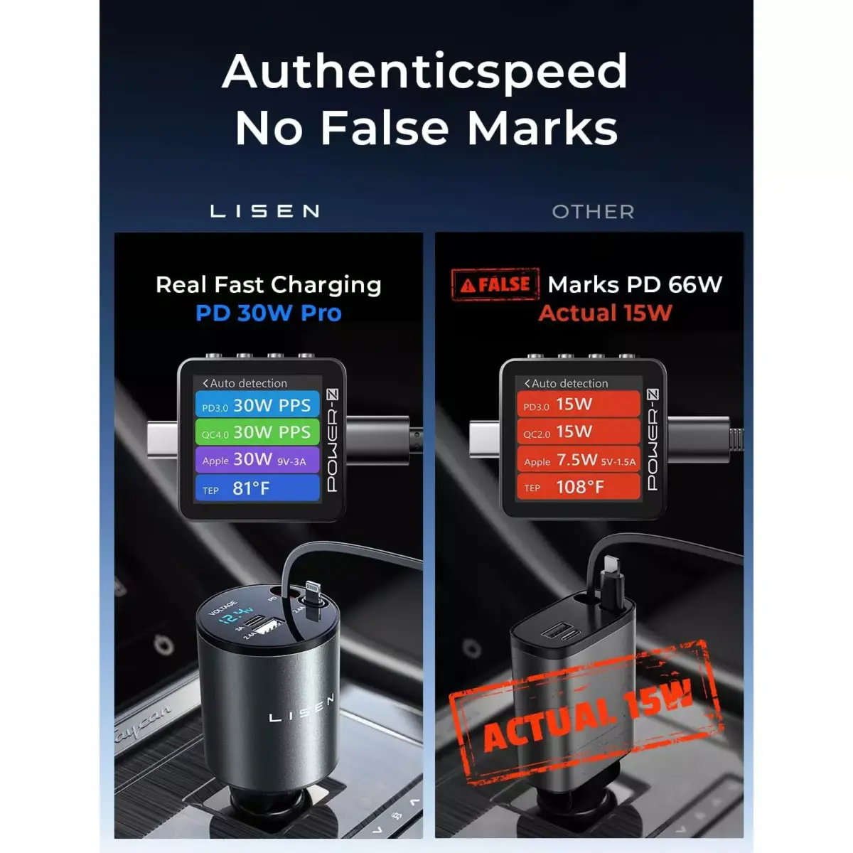 LISEN Retractable Car Charger [69W USB C Car Adapter] Fast Charging, for iPhone 16 15 14 13 12 Pro Max Plus iPad Samsung S25 24