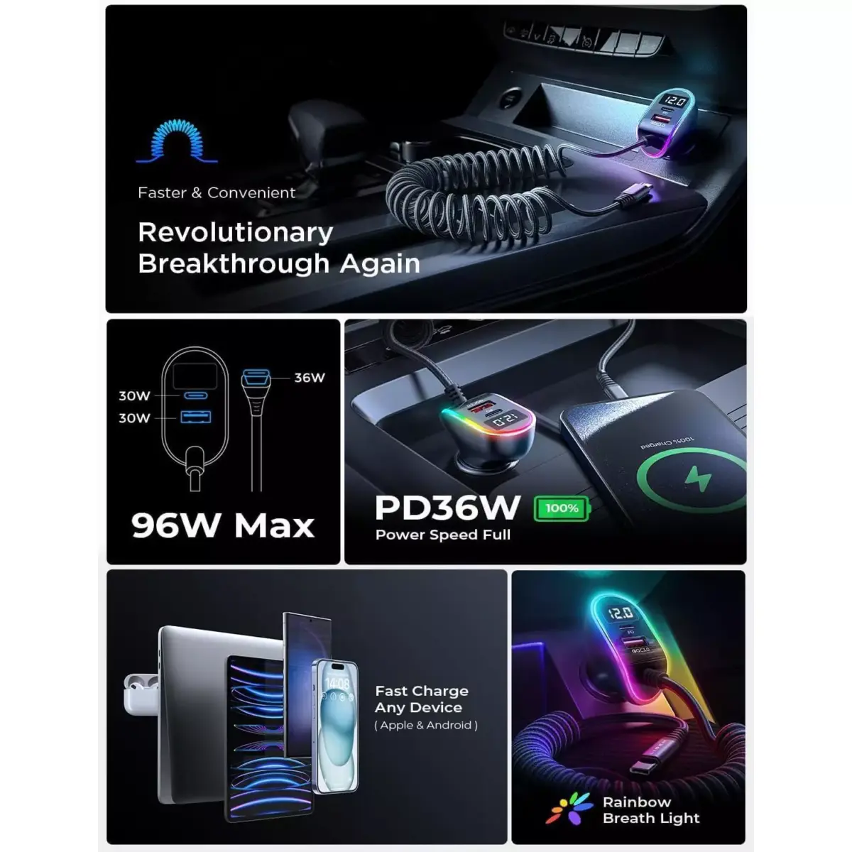 LISEN USB C 96W Super Fast Car Charger PD& QC3.0 for iPhone 15 Pro Max Plus,Samsung Galaxy S25 Ultra Plus S24S23S22,Android,iPad Pro