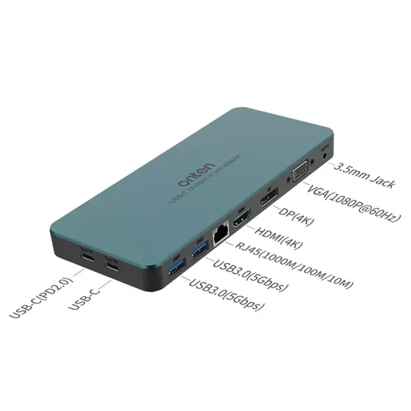 ONTEN 9188s USB-C Docking Station 9-in-1, VGA 1080P@60Hz, Displayport 4K, HDMI 4K, 3.5MM Jack, RJ45 1000M, USB 3.0 X2, USB-C Data, USB-C PD 3.0 @100W