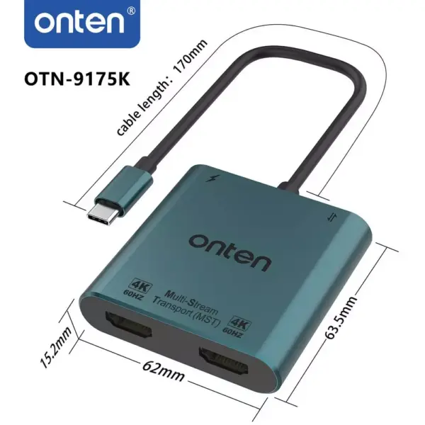 ONTEN USB C HUB 4 in 1, 2X HDMI 4K@60Hz , 1X USB 3.0 5Gbps, 1X Type C PD 60W