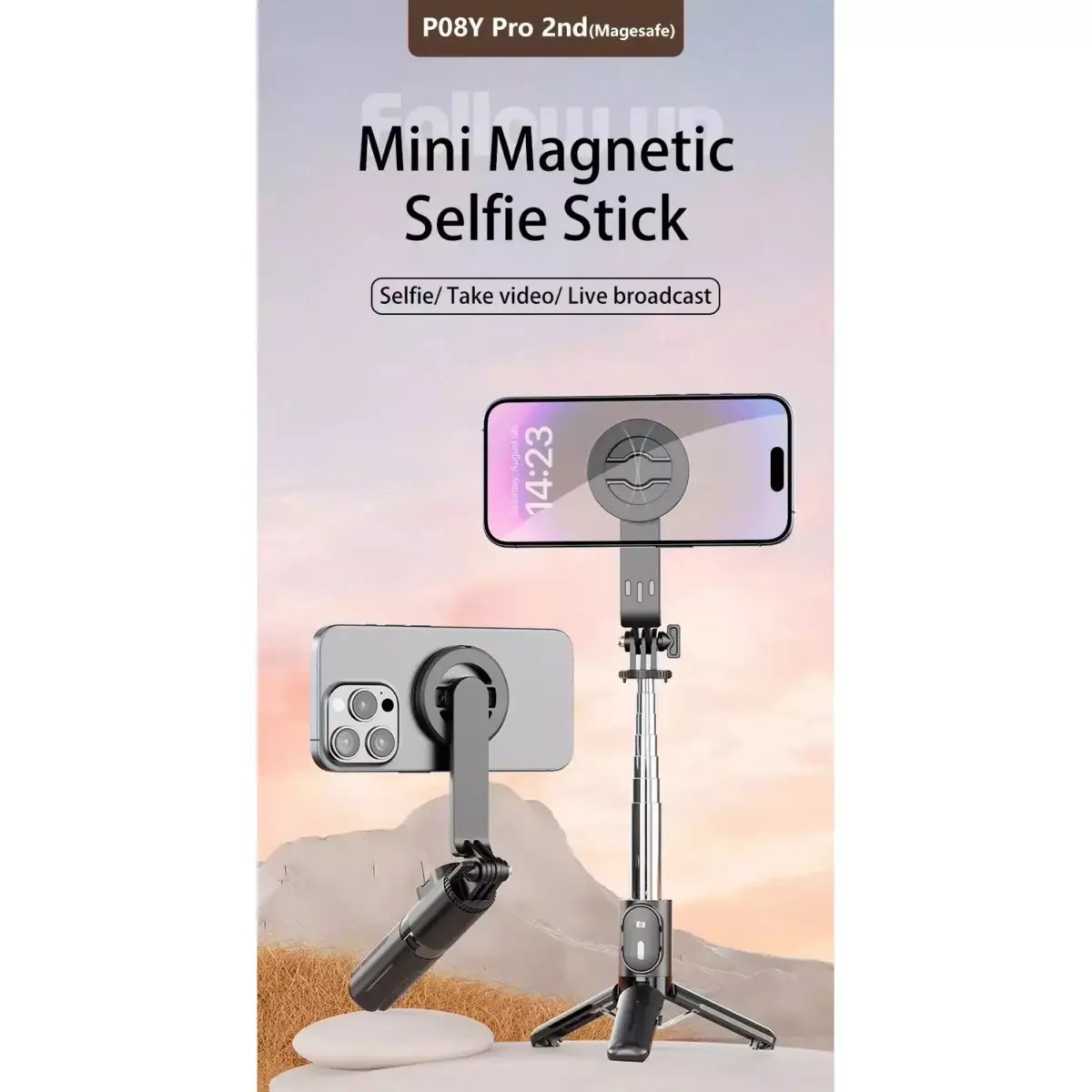 P08Y Pro (MagSafe) Mini Magnetic Selfie Stick Bluetooth Remote Tripod Stabilizer with Remote Control for Smart Phones 16-72CM