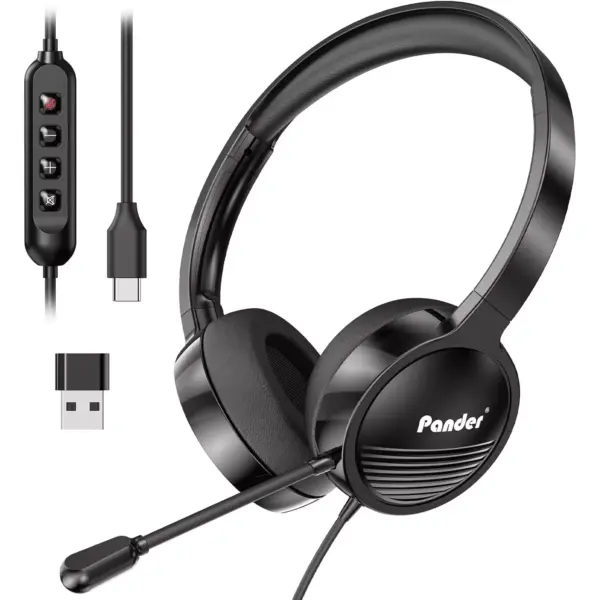 Pander USB Headset with Noise Cancelling Microphone for Work Office Online Class Skype Zoom Meeting (Black)