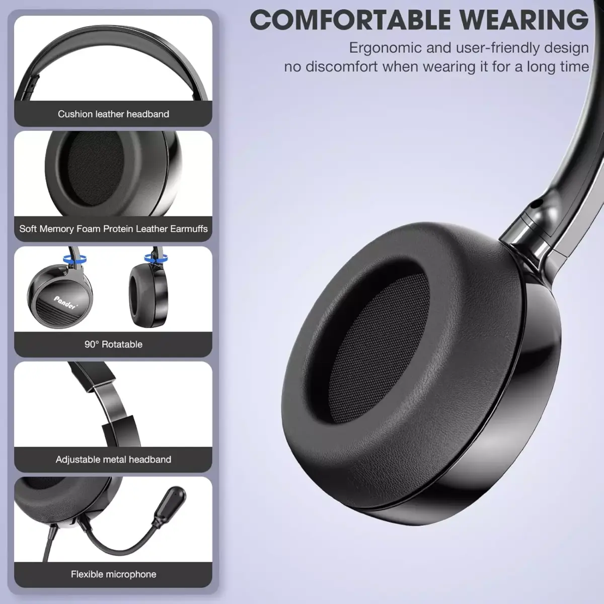 Pander USB Headset with Noise Cancelling Microphone for Work Office Online Class Skype Zoom Meeting (Black)