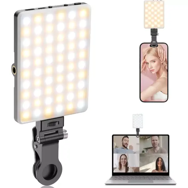 Portable Selfie Light,Rechargable 60 LED Phone Light with Clip & Double 1/4" Screw Hole,2500k-9000K Dimmable Camera Light for Phone/Laptop/Tablet/Camera, for Selfie/Video Conference