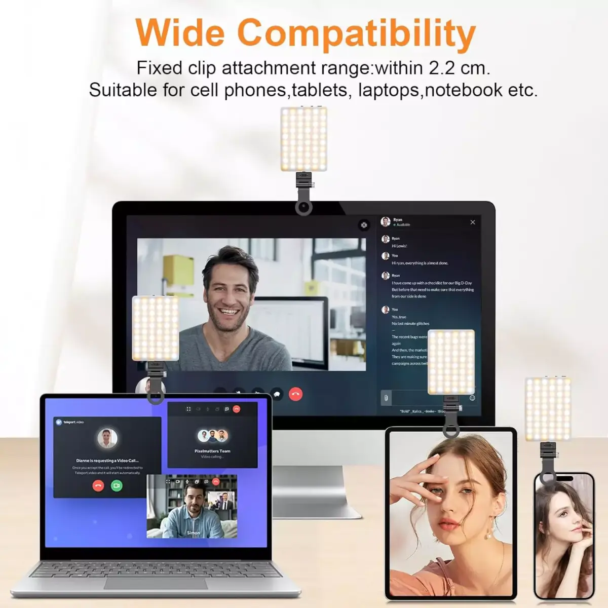 Portable Selfie Light,Rechargable 60 LED Phone Light with Clip & Double 1/4" Screw Hole,2500k-9000K Dimmable Camera Light for Phone/Laptop/Tablet/Camera, for Selfie/Video Conference