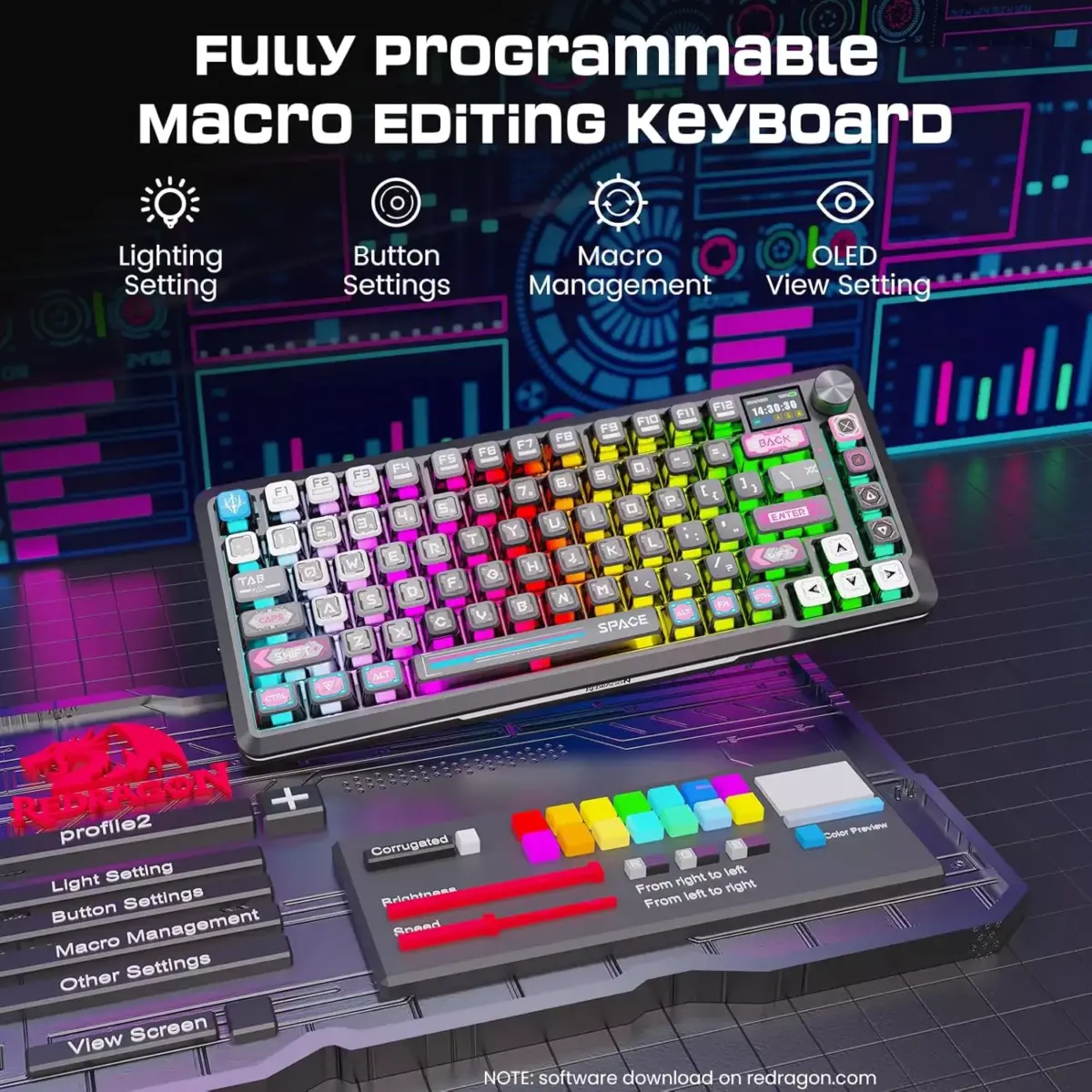 REDRAGON K708MC FLEKACT PRO RGB Gaming Mechanical Keyboard, BT/2.4Ghz/Wired 3-Mode, Leopard L Switch Linear (Plasma Arc)
