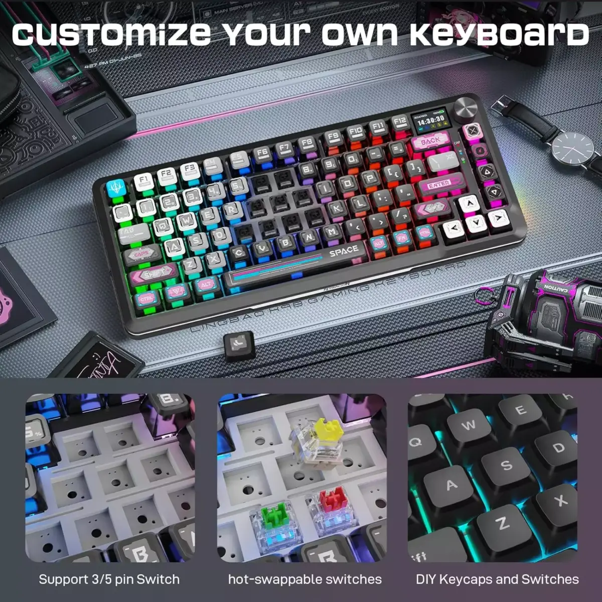 REDRAGON K708MC FLEKACT PRO RGB Gaming Mechanical Keyboard, BT/2.4Ghz/Wired 3-Mode, Leopard L Switch Linear (Plasma Arc)