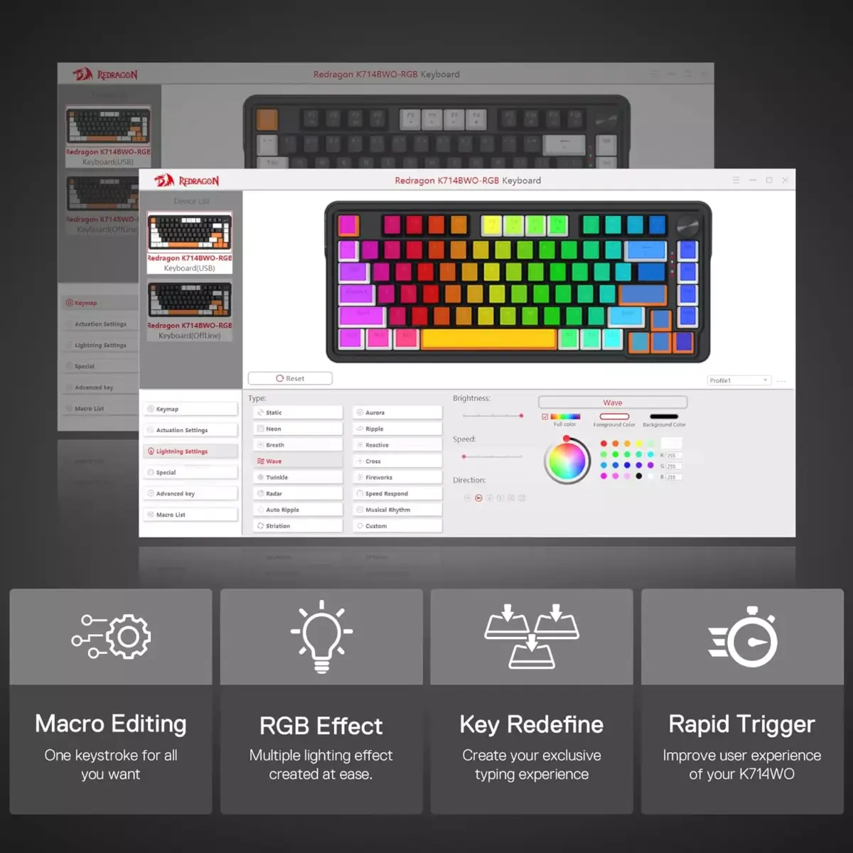 Redragon K714 Landshaker Rapid Trigger HE Gaming Magnetic Keyboard, Hyper-Fast Actuation Magnetic Switch, Actuation Point Adjustable, 8K Hz Polling Rate, Dedicated Control Knob