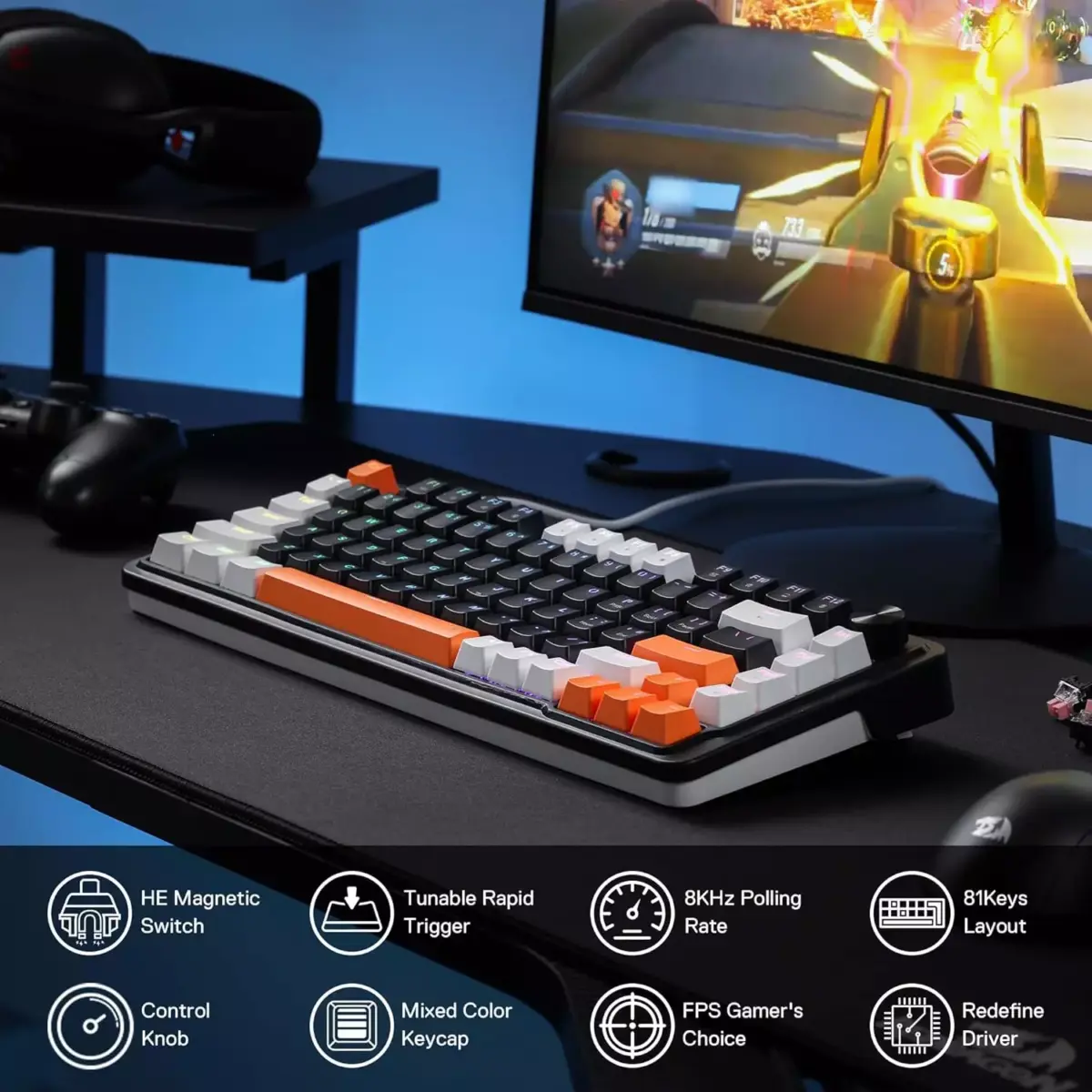 Redragon K714 Landshaker Rapid Trigger HE Gaming Magnetic Keyboard, Hyper-Fast Actuation Magnetic Switch, Actuation Point Adjustable, 8K Hz Polling Rate, Dedicated Control Knob
