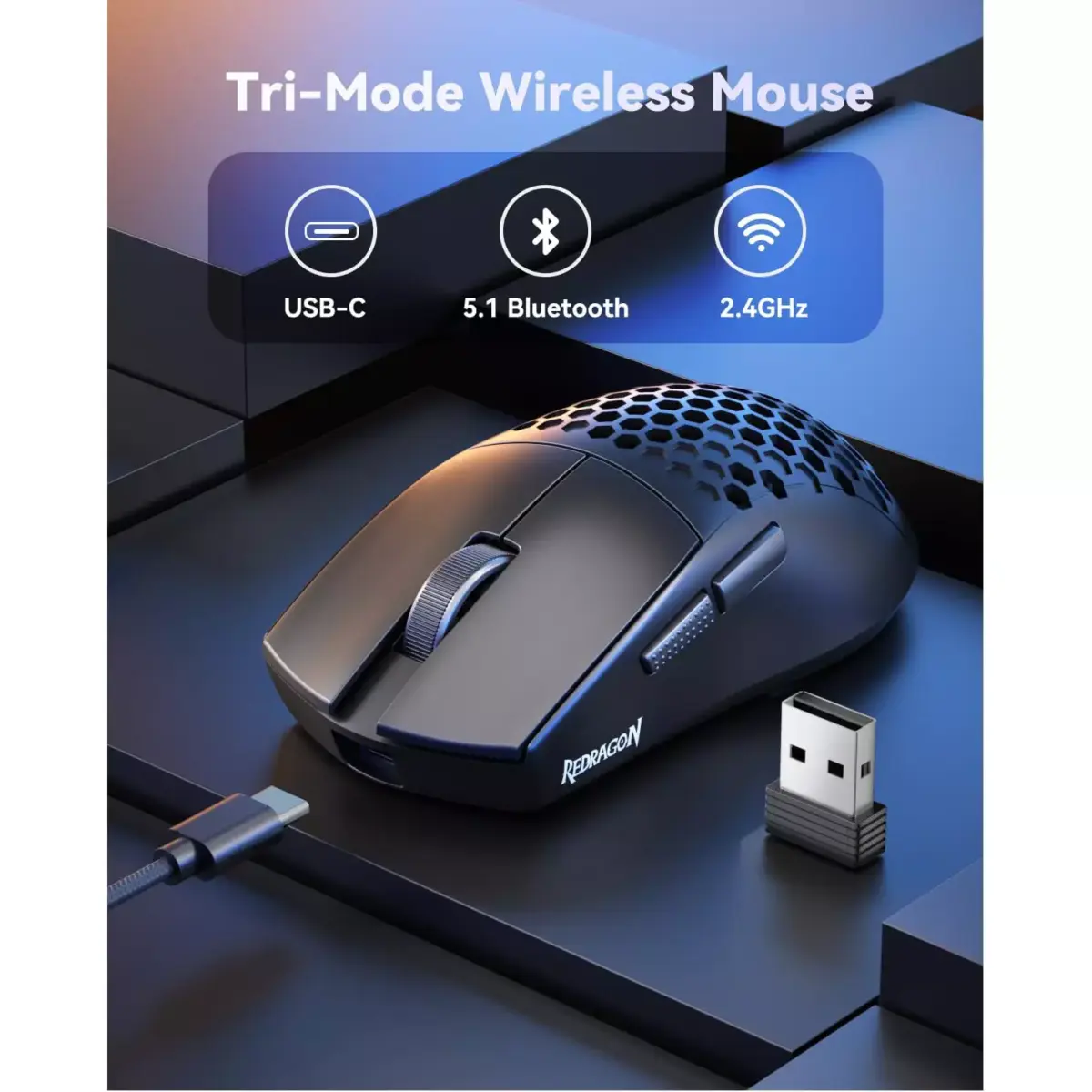 Redragon M725 Honeycomb Shell Gaming Mouse Tri-Mode BT5.12.4GHzType-C Wired, Ultra Lightweight 49g, 8000 DPI