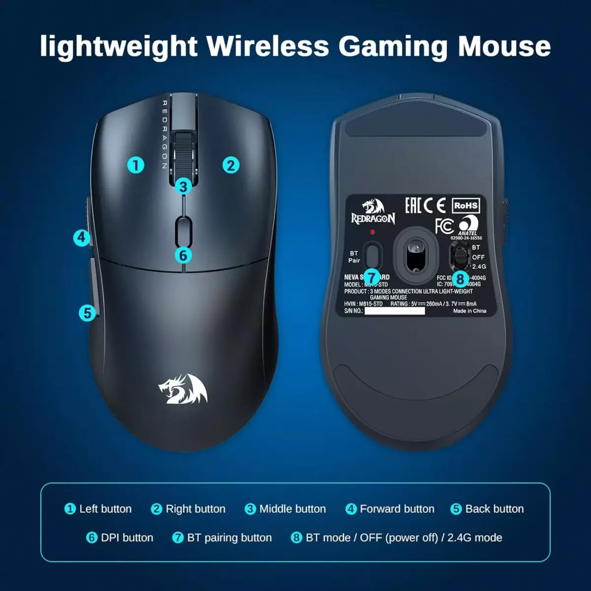 Redragon M815-STD 3-Mode Wireless,Bluetooth, Optical Sensor 12,000 DPI  Lightweight 54G , Full Programmable Buttons, Software Supports