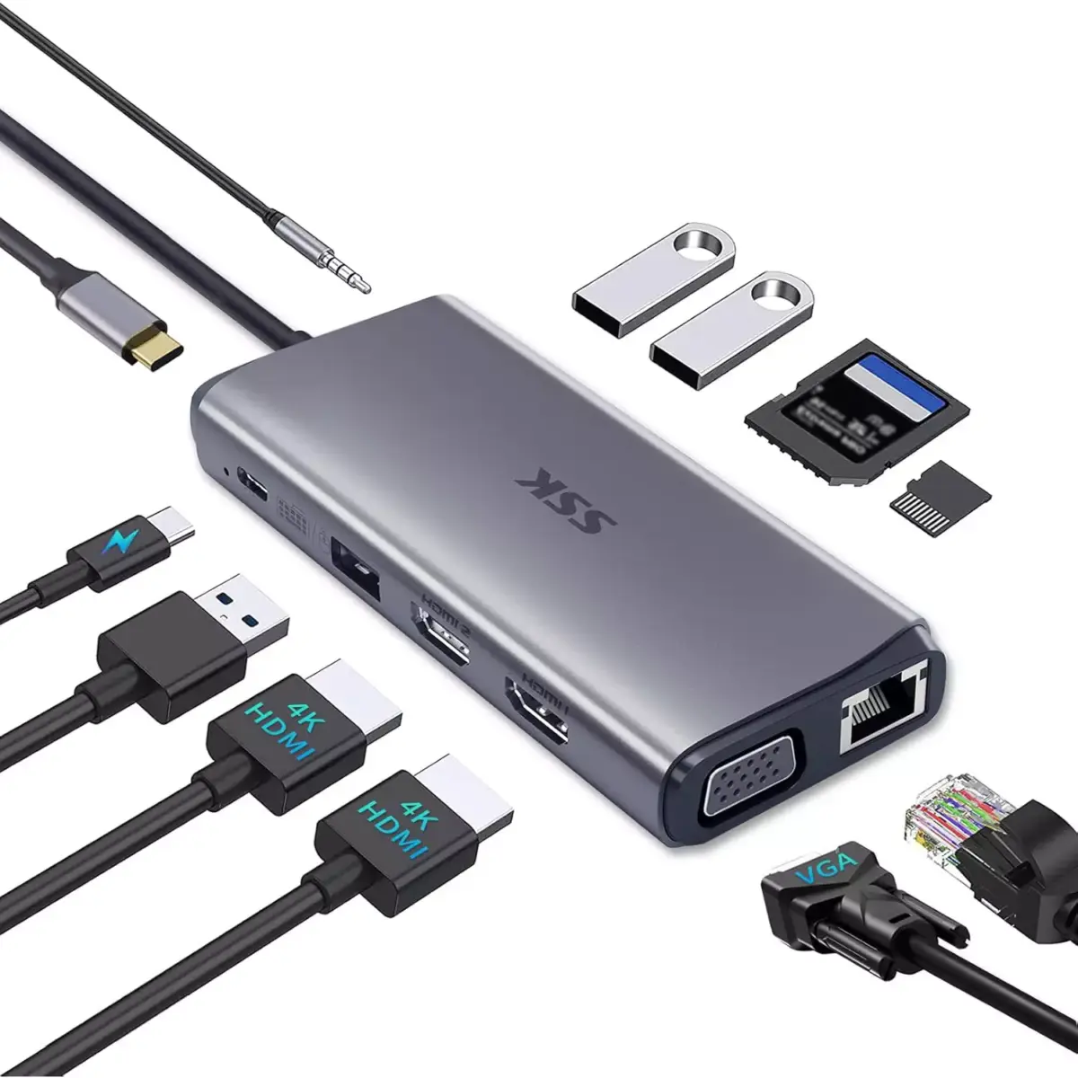 SSK 11-in-1 USB C Docking Station Dual Monitor,HDMI 4K60Hz Multiport Adapter , Thunderbolt Dock Triple Display with 2 HDMI+VGA,RJ45 Ethernet,100W PD,3 USB