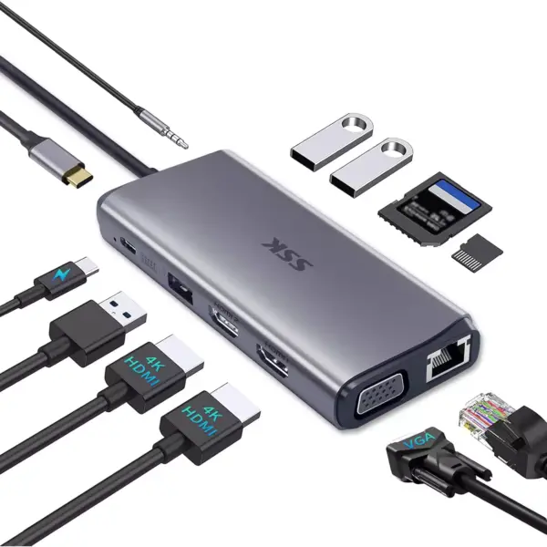 SSK 11-in-1 USB C Docking Station Dual Monitor,HDMI 4K60Hz Multiport Adapter , Thunderbolt Dock Triple Display with 2 HDMI+VGA,RJ45 Ethernet,100W PD,3 USB