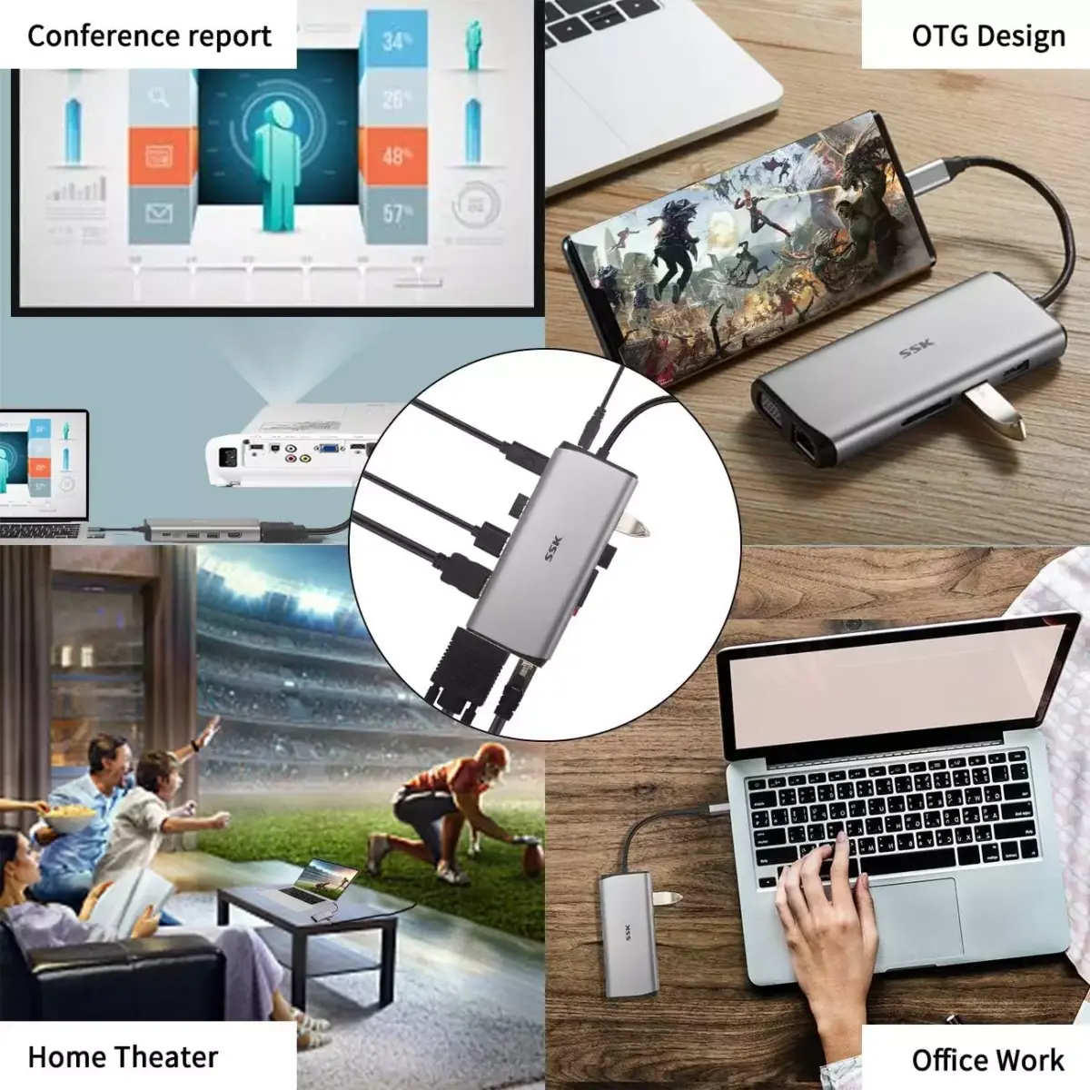SSK 11-in-1 USB C Docking Station Dual Monitor,HDMI 4K60Hz Multiport Adapter , Thunderbolt Dock Triple Display with 2 HDMI+VGA,RJ45 Ethernet,100W PD,3 USB